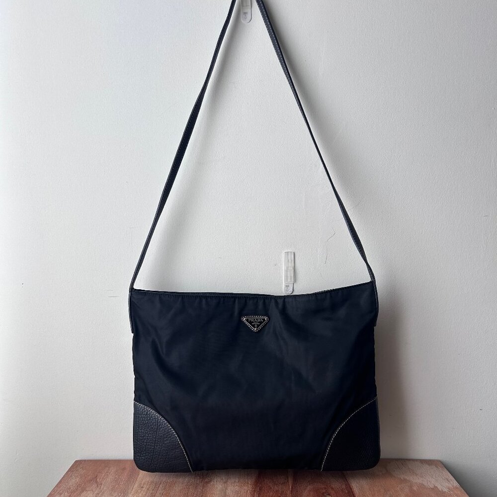 Prada Nylon Leather Trimmed Messenger/Shoulder Bag Black